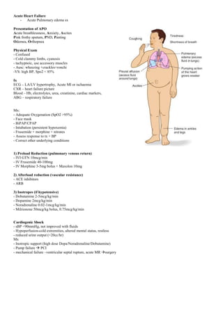 Acute Heart Failure
- Acute Pulmonary edema sx
Presentation of APO
Acute breathlessness, Anxiety, Ascites
Pink frothy sputum, PND, Panting
Odemea, Orthopnea
Physical Exam
- Confused
- Cold clammy limbs, cyanosis
- tachypnoic, use accessory muscles
- Ausc: wheezing +crackles+ronchi
-VS: high BP, Spo2 < 85%
Ix
ECG – LA/LV hypertrophy, Acute MI or ischaemia
CXR – heart failure picture
Blood – Hb, electrolytes, urea, creatinine, cardiac markers,
ABG – respiratory failure
Mx:
- Adequate Oxygenation (SpO2 >95%)
- Face mask
- BiPAP/CPAP
- Intubation (persistent hypoxemia)
- Frusemide + morphine + nitrates
- Assess response to tx + BP
- Correct other underlying conditions
1) Preload Reduction (pulmonary venous return)
- IVI GTN 10mcg/min
- IV Frusemide 40-100mg
- IV Morphine 3-5mg bolus + Maxolon 10mg
2) Afterload reduction (vascular resistance)
- ACE inhibitors
- ARB
3) Inotropes (if hypotensive)
- Dobutamine 2-5mcg/kg/min
- Dopamine 2mcg/kg/min
- Noradrenaline 0.02-1mcg/kg/min
- Milrionone 50mcg/kg bolus, 0.75mcg/kg/min
Cardiogenic Shock
- sBP <90mmHg, not improved with fluids
- Hypoperfusion-cold extremities, altered mental status, restless
- reduced urine output (<20cc/hr)
Mx
- Inotropic support (high dose Dopa/Noradrenaline/Dobutamine)
- Pump failure  PCI
- mechanical failure –ventricular septal rupture, acute MR surgery
 