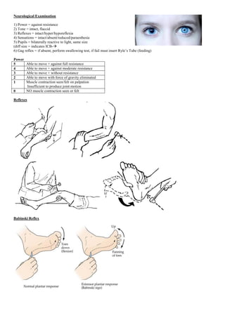Neurological Examination
1) Power = against resistance
2) Tone = intact, flaccid
3) Reflexes = intact/hyper/hyporeflexia
4) Sensations = intact/absent/reduced/paraesthesia
5) Pupils = bilaterally reactive to light, same size
(diff size = indicates ICB-
6) Gag reflex = if absent, perform swallowing test, if fail must insert Ryle’s Tube (feeding)
Power
5 Able to move + against full resistance
4 Able to move + against moderate resistance
3 Able to move + without resistance
2 Able to move with force of gravity eliminated
1 Muscle contraction seen/felt on palpation
Insufficient to produce joint motion
0 NO muscle contraction seen or felt
Reflexes
Babinski Reflex
 