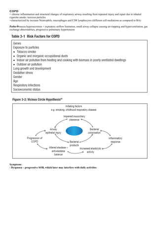 COPD
= chronic inflammation and structural changes of respiratory airway resulting from repeated injury and repair due to inhaled
cigarette smoke /noxious particles
=charactierized by increase Neutrophils, macrophages and CD8 lymphocytes (different cell mediations as compared to BA)
Pathomucus hypersecretion + expiratory airflow limitation, small aiway collapse causing air trapping and hyperventilation, gas
exchange abnormalities, progressive pulmonary hypertension
Symptoms
- Dyspnoea – progressive SOB, which later may interfere with daily activities
 