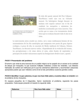 15
PASO 1 Presentación del problema
El turismo que visita la zona boscosa de un pueblo mágico se ha quejado de un exceso en la cantidad
de ataque por mosquitos, lo que ocasiona múltiples molestias a todos los visitantes. Los métodos
habituales de control son ineficaces por lo que les solicitamos determinen y recomienden soluciones
apropiadas puesto que usar métodos como el de la nota periodística ocasiona grandes costos.
PASO 2 Identificar lo que sabemos, lo que nos hace falta saber y nuestras ideas en relación con
el problema de los mosquitos.
En equipos pequeños de 4 integrantes, fueron resolviendo el problema, siguiendo los pasos
propuestos. Cada equipo presentó al maestro la siguiente tabla:
Sabemos Nos hace falta saber Ideas
 