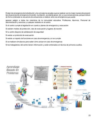 23
El plan de emergencia de la Institución y los simulacros anuales que se realizan son la mejor manera de prevenir
las situaciones de emergencia (incendio, inundación, accidente grave, etc.)y sus consecuencias,porque indican
de forma ordenada la secuencia de actuaciones a realizar ante una emergencia que pueda
generar peligro a todos los miembros de la comunidad educativa: Profesores, Alumnos, Personal de
administración y servicios y cualquier visitante en el centro
Si el centro cumple la legislación en cuanto a planes de emergencia y evacuación
Si existen medios de protección, vías de evacuación y lugares de reunión
Si tu centro dispone de señalización de seguridad
Si existe un protocolo de evacuación
Si existe un reparto de funciones en caso de emergencia y si se cumple
Si se realizan simulacros para saber cómo actuar en caso de emergencia
Si los trabajadores del centro tienen información y están entrenados en técnica de primeros auxilios.
 