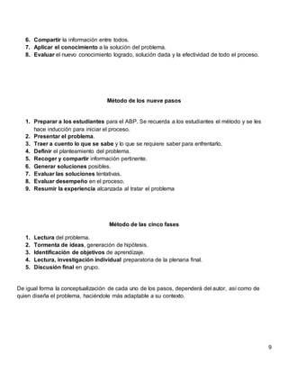 9
6. Compartir la información entre todos.
7. Aplicar el conocimiento a la solución del problema.
8. Evaluar el nuevo conocimiento logrado, solución dada y la efectividad de todo el proceso.
Método de los nueve pasos
1. Preparar a los estudiantes para el ABP. Se recuerda a los estudiantes el método y se les
hace inducción para iniciar el proceso.
2. Presentar el problema.
3. Traer a cuento lo que se sabe y lo que se requiere saber para enfrentarlo.
4. Definir el planteamiento del problema.
5. Recoger y compartir información pertinente.
6. Generar soluciones posibles.
7. Evaluar las soluciones tentativas.
8. Evaluar desempeño en el proceso.
9. Resumir la experiencia alcanzada al tratar el problema
Método de las cinco fases
1. Lectura del problema.
2. Tormenta de ideas, generación de hipótesis.
3. Identificación de objetivos de aprendizaje.
4. Lectura, investigación individual preparatoria de la plenaria final.
5. Discusión final en grupo.
De igual forma la conceptualización de cada uno de los pasos, dependerá del autor, así como de
quien diseña el problema, haciéndole más adaptable a su contexto.
 