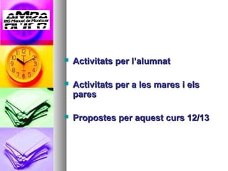    Activitats per l’alumnat

   Activitats per a les mares i els
    pares

   Propostes per aquest curs 12/13
 