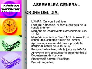 ASSEMBLEA GENERAL
ORDRE DEL DIA:

1.   L’AMPA. Qui som i què fem.
2.   Lectura i aprovació, si escau, de l’acta de la
     sessió anterior.
3.   Memòria de les activitats extraescolars Curs
     11-12.
4.   Memòria econòmica Curs 11-12. Aprovació, si
     escau, dels comptes anuals de l’AMPA.
5.   Aprovació, si escau, del pressupost de la
     dotació al centre del curs 12-13.
6.   Renovació de càrrecs de la junta de l’AMPA.
7.   Aprovació dels estatus per a presentar-los al
     Departament de Justícia.
8.   Presentació activitat Psicòloga.
9.   Precs i preguntes.
 