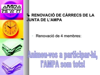 RENOVACIÓ DE CÀRRECS DE LA
JUNTA DE L’AMPA


  -   Renovació de 4 membres:
 