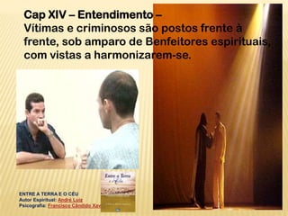 Cap XIV – Entendimento –
  Vítimas e criminosos são postos frente à
  frente, sob amparo de Benfeitores espirituais,
  com vistas a harmonizarem-se.




ENTRE A TERRA E O CÉU
Autor Espiritual: André Luiz
Psicografia: Francisco Cândido Xavier
 