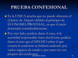 PRUEBA CONFESIONAL
   Es la UNICA prueba que no puede ofrecerse el
    el Juicio de Amparo debido al principio de
    ECONOMIA PROCESAL, ya que el juicio
    demoraría considerablemente
   Por otro lado, pudiera darse el caso, si la
    autoridad responsable fuera absolvente pudiera
    darse el caso que el HECHO sobre el que
    versara la confesion se hubiera realizado por
    varios organos de estado y por tanto no son
    propios del confesante.
                     Jose Olivares Gandara           40
 