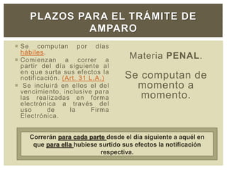  Se computan por días
hábiles.
 Comienzan a correr a
partir del día siguiente al
en que surta sus efectos la
notificación. (Art. 31 L.A.)
 Se incluirá en ellos el del
vencimiento, inclusive para
las realizadas en forma
electrónica a través del
uso de la Firma
Electrónica.
Materia PENAL.
Se computan de
momento a
momento.
PLAZOS PARA EL TRÁMITE DE
AMPARO
Correrán para cada parte desde el día siguiente a aquél en
que para ella hubiese surtido sus efectos la notificación
respectiva.
 