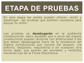 En esta etapa las partes pueden ofrecer, rendir y
desahogar las pruebas que estimen necesaria para
apoyar su dicho.
Las pruebas se desahogarán en la audiencia
constitucional, salvo aquéllas que a juicio del órgano
jurisdiccional puedan recibirse con anterioridad o las
que deban desahogarse fuera de la residencia del
órgano jurisdiccional que conoce del amparo, vía
exhorto, despacho, requisitoria o en cualquier otra
forma legal, que podrán ser enviados y recibidos
haciendo uso de la Firma Electrónica.
ETAPA DE PRUEBAS
 
