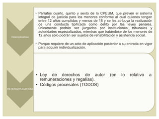 Heteroplicativas
• Párrafos cuarto, quinto y sexto de la CPEUM, que prevén el sistema
integral de justicia para los menores conforme al cual quienes tengan
entre 12 años cumplidos y menos de 18 y se les atribuya la realización
de una conducta tipificada como delito por las leyes penales,
únicamente podrán ser juzgados por instituciones, tribunales y
autoridades especializados, mientras que tratándose de los menores de
12 años sólo podrán ser sujetos de rehabilitación y asistencia social.
• Porque requiere de un acto de aplicación posterior a su entrada en vigor
para adquirir individualización.
HETEROAPLICATIVAS
• Ley de derechos de autor (en lo relativo a
remuneraciones y regalías).
• Códigos procesales (TODOS)
 