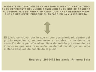 El juicio concluyó, por lo que si con posterioridad, dentro del
propio expediente, se promueve y resuelve un incidente de
cesación de la pensión alimenticia decretada previamente, es
inconcuso que esa resolución incidental constituye un acto
dictado después de concluido el juicio.
Registro: 2010472 Instancia: Primera Sala
INCIDENTE DE CESACIÓN DE LA PENSIÓN ALIMENTICIA PROMOVIDO
EN EL EXPEDIENTE DEL JUICIO CONCLUIDO EN EL QUE SE CONDENÓ
AL DEUDOR ALIMENTARIO A SU PAGO. CONTRA LA DETERMINACIÓN
QUE LO RESUELVE, PROCEDE EL AMPARO EN LA VÍA INDIRECTA.
 