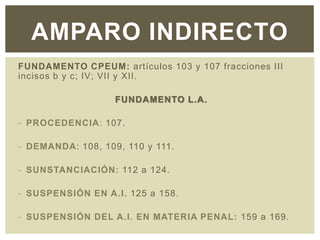FUNDAMENTO CPEUM: artículos 103 y 107 fracciones III
incisos b y c; IV; VII y XII.
FUNDAMENTO L.A.
- PROCEDENCIA: 107.
- DEMANDA: 108, 109, 110 y 111.
- SUNSTANCIACIÓN: 112 a 124.
- SUSPENSIÓN EN A.I. 125 a 158.
- SUSPENSIÓN DEL A.I. EN MATERIA PENAL: 159 a 169.
AMPARO INDIRECTO
 