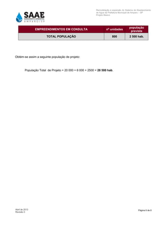 Página 6 de 8Abril de 2013
Revisão 0
Remodelação e expansão do Sistema de Abastecimento
de Agua da Prefeitura Municipal de Amparo – SP
Projeto Básico
EMPREENDIMENTOS EM CONSULTA nº unidades
população
prevista
TOTAL POPULAÇÃO 800 2 500 hab.
Obtém-se assim a seguinte população de projeto:
População Total de Projeto = 20 000 + 6 000 + 2500 = 28 500 hab.
 