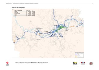 Relatório Técnico 01 – Reconhecimento da situação atual e resultados das pesquisas e levantamentos
Plano de Trânsito, Transporte e Mobilidade do Município de Amparo
31
Figura 13. Tipo de pavimento
Tipo de pavimento Ext. (m) %
Asfalto 70.250 75,23%
Bloquete 350 0,37%
Paralelepípedo 17.770 19,03%
Terra 5.010 5,37%
Total 93.380 100,00%
 