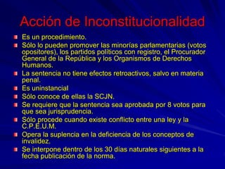 Acción de Inconstitucionalidad
Es un procedimiento.
Sólo lo pueden promover las minorías parlamentarias (votos
opositores)...