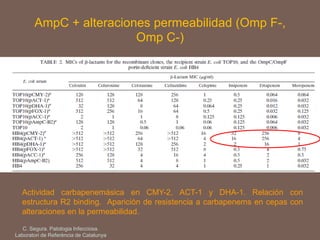 AmpC + alteraciones permeabilidad (Omp F-,
Omp C-)
Actividad carbapenemásica en CMY-2, ACT-1 y DHA-1. Relación con
estructura R2 binding. Aparición de resistencia a carbapenems en cepas con
alteraciones en la permeabilidad.
C. Segura. Patologia Infecciosa.
Laboratori de Referència de Catalunya
 