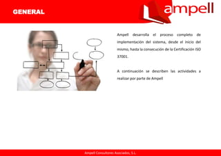Ampell Consultores Asociados, S.L.
Ampell desarrolla el proceso completo de
implementación del sistema, desde el inicio del
mismo, hasta la consecución de la Certificación ISO
37001.
A continuación se describen las actividades a
realizar por parte de Ampell
GENERAL
 