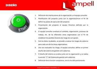 Ampell Consultores Asociados, S.L.
1. Definición de interlocutores de la organización y el equipo consultor.
2. Planificación del proyecto junto con la organizaicóncon el fin de
definir los plazos de ejecución del proyecto.
3. Presentación del proyecto al equipo Directivo definido por la
organización.
4. El equipo consultor analizará el contexto, organización, procesos de
trabajo, etc. de las diferentes áreas organizativas con el fin de
establecer los posibles factores de riesgo de corrupción.
5. Con los datos recabados, se procede a evaluar los riesgos de soborno
para cada una de las áreas organizativas.
6. Una vez evaluados los riesgo, el equipo consultor, define un primer
diseño del sistema de gestión anti-sobornos.
7. El diseño del sistema se analiza junto con la organización y se realiza
la versión “1” del Sistema de gestión anti-sobornos.
8. Definición de la función compliance, sino lo ha sido previamente.
DISEÑO
 