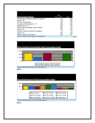 Total
Consumption

Demographic Skews
Transportation & Material Moving Occupations
Age 18 - 24
5+ Person Households
Presence of Only Children 6 - 17
Oldest Child 12 - 17
Multi-Person Households without Children
Age 35 - 44
Farming, Fishing & Forestry Occupations
Age 25 - 34
Married Families with Children

13%
12%
22%
35%
29%
26%
32%
1%
25%
34%

Source: Homescan Product Library 2013 Sep (Spectra)

150
100
50

0
Black

Hispanic

Asian

Other

Source: Homescan Product Library 2013 Sep (Spectra)

FIG 8

Household Income-Total Consumption Index
200

100
0
Under $10,000

$10,000 - $19,999

$20,000 - $29,999

$30,000 - $39,999

$40,000 - $49,999

$50,000 - $74,999

$75,000 - $99,999

$100,000 - $149,999

$150,000 or More

Source: Homescan Product Library 2013 Sep (Spectra)

FIG 9

349
285
196
186
184
181
180
177
169
167

FIG 7

Race of Head of Household-Total Consumption Index

White

Index

 