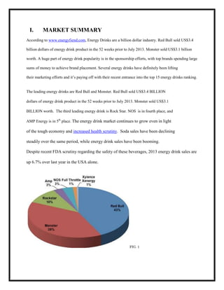 I.

MARKET SUMMARY

According to www.energyfiend.com, Energy Drinks are a billion dollar industry. Red Bull sold US$3.4
billion dollars of energy drink product in the 52 weeks prior to July 2013. Monster sold US$3.1 billion
worth. A huge part of energy drink popularity is in the sponsorship efforts, with top brands spending large
sums of money to achieve brand placement. Several energy drinks have definitely been lifting
their marketing efforts and it’s paying off with their recent entrance into the top 15 energy drinks ranking.

The leading energy drinks are Red Bull and Monster. Red Bull sold US$3.4 BILLION
dollars of energy drink product in the 52 weeks prior to July 2013. Monster sold US$3.1
BILLION worth. The third leading energy drink is Rock Star. NOS is in fourth place, and
AMP Energy is in 5th place. The energy drink market continues to grow even in light

of the tough economy and increased health scrutiny. Soda sales have been declining
steadily over the same period, while energy drink sales have been booming.
Despite recent FDA scrutiny regarding the safety of these beverages, 2013 energy drink sales are
up 6.7% over last year in the USA alone.

FIG. 1

 