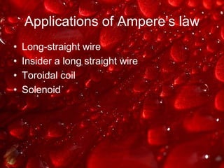 Applications of Ampere’s lawLong-straight wireInsider a long straight wireToroidal coilSolenoid