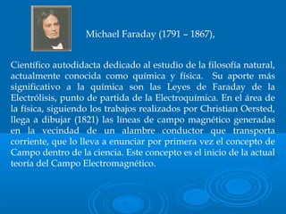 Científico autodidacta dedicado al estudio de la filosofía natural,
actualmente conocida como química y física. Su aporte más
significativo a la química son las Leyes de Faraday de la
Electrólisis, punto de partida de la Electroquímica. En el área de
la física, siguiendo los trabajos realizados por Christian Oersted,
llega a dibujar (1821) las líneas de campo magnético generadas
en la vecindad de un alambre conductor que transporta
corriente, que lo lleva a enunciar por primera vez el concepto de
Campo dentro de la ciencia. Este concepto es el inicio de la actual
teoría del Campo Electromagnético.
Michael Faraday (1791 – 1867),
 