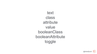 @drewfyock
text
class
attribute
value
booleanClass
booleanAttribute
toggle
 