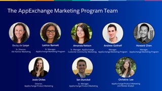 The AppExchange Marketing Program Team
Becky de Loryn
Sr. Director,
ISV Partner Marketing
Latrice Barnett
Sr. Manager,
AppExchange Marketing Program
Amanda Nelson
Sr. Manager, AppExchange
Customer Community Marketing
Andrew Gothelf
Manager,
AppExchange Marketing Program
Howard Chen
Manager,
AppExchange Marketing Program
Josie Chiles
Director,
AppExchange Product Marketing
Ian Dunckel
Sr. Manager,
AppExchange Product Marketing
Christine Lee
AppExchange Product Marketing
and Review Analyst
 