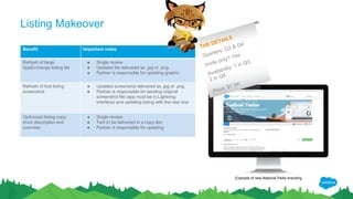 Listing Makeover
Benefit Important notes
Refresh of large
AppExchange listing tile
● Single review
● Updated tile delivered as .jpg or .png
● Partner is responsible for updating graphic
Refresh of first listing
screenshot
● Updated screenshot delivered as .jpg or .png
● Partner is responsible for sending original
screenshot file (app must be in Lightning
interface) and updating listing with the new one
Optimized listing copy:
short description and
overview
● Single review
● Text to be delivered in a copy doc
● Partner is responsible for updating
THE DETAILS
Quarters: Q3 & Q4
Invite only? Yes
Availability: 1 in Q3,
2 in Q4
Price: $7.5K
Example of new National Parks branding
 