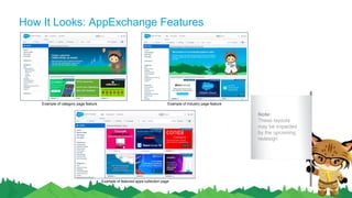 How It Looks: AppExchange Features
Example of category page feature Example of industry page feature
Example of featured apps collection page
Note:
These layouts
may be impacted
by the upcoming
redesign
 