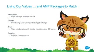 Living Our Values … and AMP Packages to Match
Innovation
- AppExchange redesign for Q4
Growth
- Introducing Appy, your guide to AppExchange
Trust
- Tight collaboration with clouds, industries, and SE teams
Equality
- Pledge 1% at our core
 