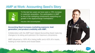 AMP at Work: Accounting Seed’s Story
Accounting Seed increases marketing exposure, lead
generation, and product credibility with AMP.
Collaboration with the AMP team helped Accounting Seed make big
changes to its listing and optimize it for maximum conversions.
AMP influenced a 100% lift in listing traffic and a 42% lift in leads,
leading to more demos and closed deals.
“In the last two years we have seen a 19% increase
in customer acquisition. Our participation in AMP
is one of the marketing components supporting our
growth in the AppExchange marketplace.”
Tony Zorc, CEO, Accounting Seed
 