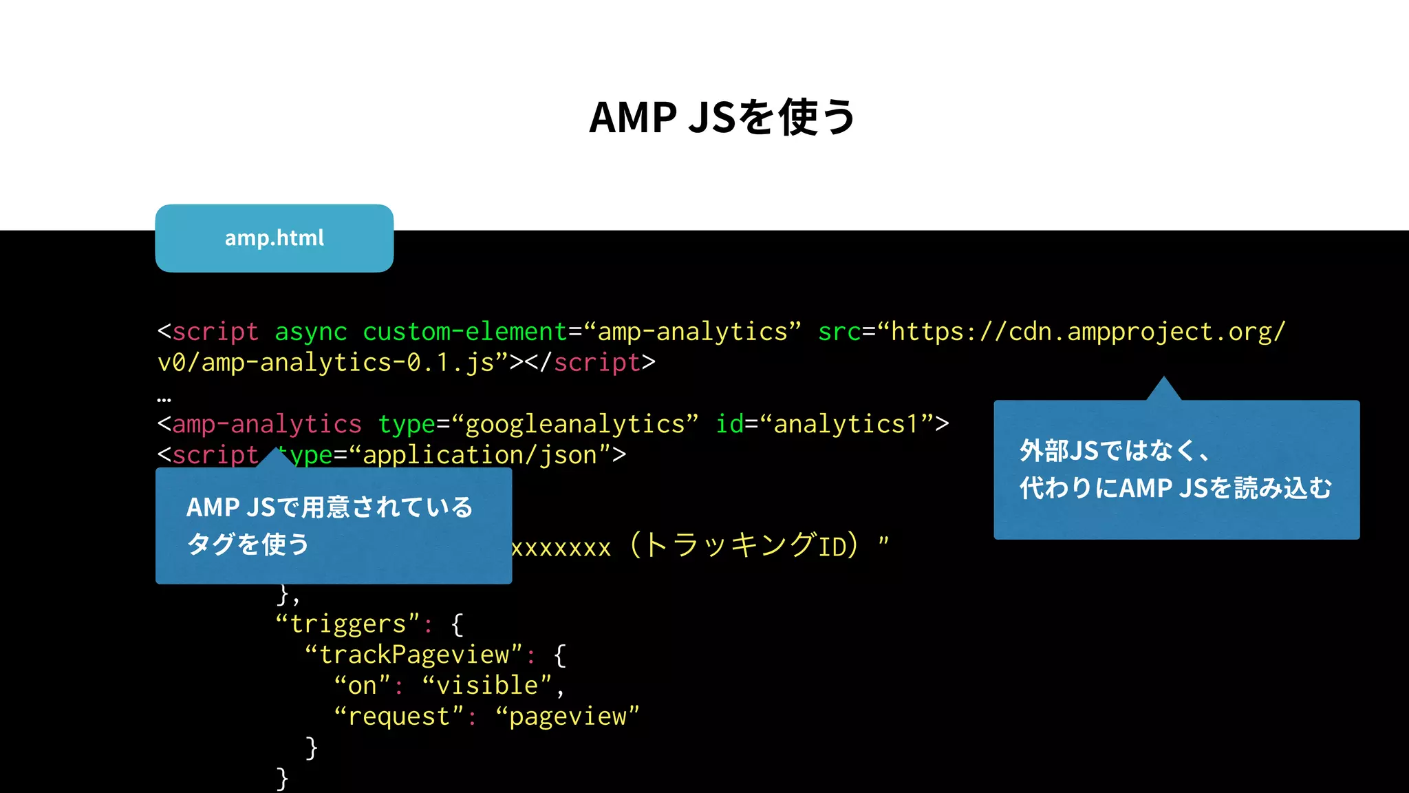 <script async custom-element=“amp-analytics” src=“https://cdn.ampproject.org/
v0/amp-analytics-0.1.js”></script>
…
<amp-analytics type=“googleanalytics” id=“analytics1”>
<script type=“application/json">
{
“vars": {
"account": “xxxxxxxxx(トラッキングID)"
},
“triggers": {
“trackPageview": {
“on": “visible",
“request": “pageview"
}
}