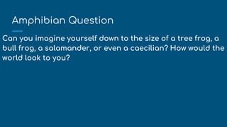 Amphibian Question
Can you imagine yourself down to the size of a tree frog, a
bull frog, a salamander, or even a caecilian? How would the
world look to you?
 