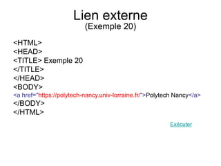 Lien externe
(Exemple 20)
<HTML>
<HEAD>
<TITLE> Exemple 20
</TITLE>
</HEAD>
<BODY>
<a href="https://polytech-nancy.univ-lorraine.fr/">Polytech Nancy</a>
</BODY>
</HTML>
Exécuter
 