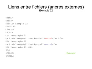 Liens entre fichiers (ancres externes)
Exemple 22
<HTML>
<HEAD>
<TITLE> Exemple 22
</TITLE>
</HEAD>
<BODY>
<p> Paragraphe 21
<a href="exemple21.html#ancre1">ancre1</a> </P>
<P> Paragraphe 22
<a href="exemple21.html#ancre2">ancre2</a>
<P> Paragraphe 23 </P>
</p>
</BODY>
</HTML>
Exécuter
 