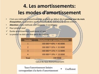 4. Les amortissements:
les modes d’amortissement
•

C’est une méthode d’amortissement accéléré qui début dés le premier jour du mois
d’acquisition. La première année est considérée comme une année entière
• Attention: cette méthode doit respecter 3 conditions:
 Pour produit neuf
 Durée amortissement supérieure à 3 ans
 Le produit ne doit pas être exclu du champs

Calcul du taux d’amortissement:

 