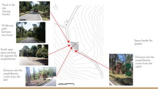 Space beside the
gazebo
Entrance into the
amphitheatre
(view from the
right)
Entrance into the
amphitheatre
(view from the
left)
Road to the
site
(facing
North)
Walkway
path
between
two forest
Small open
space parking
lot opposite the
amphitheatre
 
