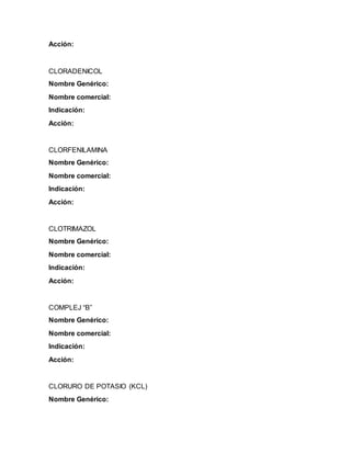 Acción:
CLORADENICOL
Nombre Genérico:
Nombre comercial:
Indicación:
Acción:
CLORFENILAMINA
Nombre Genérico:
Nombre comercial:
Indicación:
Acción:
CLOTRIMAZOL
Nombre Genérico:
Nombre comercial:
Indicación:
Acción:
COMPLEJ “B”
Nombre Genérico:
Nombre comercial:
Indicación:
Acción:
CLORURO DE POTASIO (KCL)
Nombre Genérico:
 
