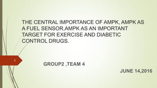 THE CENTRAL IMPORTANCE OF AMPK, AMPK AS
A FUEL SENSOR,AMPK AS AN IMPORTANT
TARGET FOR EXERCISE AND DIABETIC
CONTROL DRUGS.
GROUP2 ,TEAM 4
JUNE 14,2016
1
 
