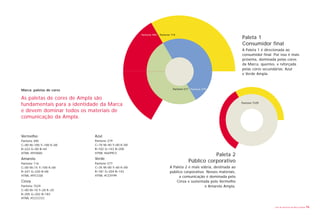 Paleta 1
                                                                                           Consumidor final
                                                                                           A Paleta 1 é direcionada ao
                                                                                           consumidor final. Por isso é mais
                                                                                           próxima, dominada pelas cores
                                                                                           da Marca, quentes, e reforçada
                                                                                           pelas cores secundárias: Azul
                                                                                           e Verde Ampla.



Marca: paletas de cores                            Pantone 577


As paletas de cores de Ampla são
fundamentais para a identidade da Marca
e devem dominar todos os materiais de
comunicação da Ampla.


Vermelho:                   Azul
Pantone 485                 Pantone 279
C=00 M=100 Y=100 K=00       C=70 M=40 Y=00 K=00
R=223 G=00 B=44             R=102 G=143 B=200
HTML #FF0000                HTML #6699CC
                                                                            Paleta 2
Amarelo                     Verde
Pantone 116                 Pantone 577
                                                                 Público corporativo
C=00 M=15 Y=100 K=00        C=35 M=00 Y=60 K=00   A Paleta 2 é mais sóbria, destinada ao
R=247 G=220 B=00            R=181 G=204 B=142     público corporativo. Nesses materiais,
HTML #FFCC00                HTML #CCFF99               a comunicação é dominada pelo
Cinza                                                 Cinza e sustentada pelo Vermelho
Pantone 7529                                                          e Amarelo Ampla.
C=00 M=10 Y=20 K=25
R=205 G=202 B=183
HTML #CCCCCC

                                                                                                             Livro de diretrizes da Marca Ampla   16
 
