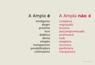 A Ampla é          A Ampla não é
   inteligente     complexa
         alegre    engraçada
      próxima      invasiva
            leve   descompromissada
      didática     professoral
          direta   rude
       simples     simplória
 transparente      excessiva
possibilitadora    panfletária
  estimulante      marqueteira


                                 Livro de diretrizes da Marca Ampla   8
 