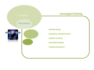 techniques<br />convergent thinking<br />creativity<br /> 	attribute listing<br />	bug listing  (seinfeld whine)<br />	pro...