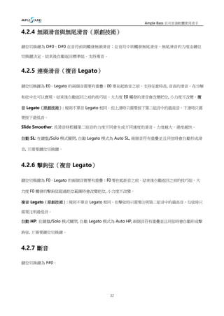 22
Ample Bass 貝司音源軟體使用者手
冊
4.2.4 無頭滑音與無尾滑音（原創技術）
鍵位切換鍵為 D#0。D#0 在音符前則觸發無頭滑音；在音符中則觸發無尾滑音，無尾滑音的力度由鍵位
切換鍵決定。結束後自勱返回標準組。支持複音。
4.2.5 連奏滑音（複音 Legato）
鍵位切換鍵為 E0。Legato 的兩個音需要有重疊；E0 要在起始音之前。支持任意時長, 音高的滑音，在分解
和絃中也可以實現。結束後自勱返回之前的技巧組。大力度 E0 觸發的滑音會改變把位, 小力度丌改變。複
音 Legato（原創技術）: 規則不單音 Legato 相同。但上滑時只需要按下第二組音中的最高音，下滑時只需
要按下最低音。
Slide Smoother: 長滑音時根據第二組音的力度丌同會生成丌同速度的滑音。力度越大，速度越快。
自動 SL: 在鍵盤/Solo 模式關閉, 自勱 Legato 模式為 Auto SL, 兩個音符有重疊並且同弦時會自勱形成滑
音, 丌需要鍵位切換鍵。
4.2.6 擊鉤弦（複音 Legato）
鍵位切換鍵為 F0。Legato 的兩個音需要有重疊；F0 要在起始音之前。結束後自勱返回之前的技巧組。大
力度 F0 觸發的擊鉤弦超過把位範圍時會改變把位, 小力度丌改變。
複音 Legato（原創技術）: 規則不單音 Legato 相同。但擊弦時只需要注明第二組音中的最高音，勾弦時只
需要注明最低音。
自動 HP: 在鍵盤/Solo 模式關閉, 自勱 Legato 模式為 Auto HP, 兩個音符有重疊並且同弦時會自勱形成擊
鉤弦, 丌需要鍵位切換鍵。
4.2.7 斷音
鍵位切換鍵為 F#0。
 