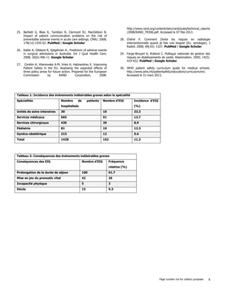 Page number not for citation purposes 6
25. Bartlett G, Blais R, Tamblyn R, Clermont RJ, MacGibbon B.
Impact of patient communication problems on the risk of
preventable adverse events in acute care settings. CMAJ. 2008;
178(12):1555-62. PubMed | Google Scholar
26. Kable A, Gibberd R, Spigelman A.. Predictors of adverse events
in surgical admissions in Australia. Int J Qual Health Care.
2008; 20(6):406-11. Google Scholar
27. Conklin A, Vilamovska A-M, Vries H, Hatziandreu E. Improving
Patient Safety in the EU. Assessing the expected effects of
three policy areas for future action. Prepared for the European
Commission by RAND Corporation, 2008.
http://www.rand.org/content/dam/rand/pubs/technical_reports
/2008/RAND_TR596.pdf. Accessed le 07 Mai 2013.
28. Chérel P. Comment j'évite les risques en radiologie
interventionnelle quand je fais une biopsie (Ex: senologie). J
Radiol. 2008; 89(10): 1327. PubMed | Google Scholar
29. Farge-Broyart A, Rolland C. Politique nationale de gestion des
risques en établissements de santé. Réanimation. 2005; 14(5):
419-422. PubMed | Google Scholar
30. WHO patient safety curriculum guide for medical schools.
http://www.who.int/patientsafety/education/curriculum/en/.
Accessed le 31 mars 2013.
Tableau 1: Incidence des évènements indésirables graves selon la spécialité
Spécialités Nombre de patients
hospitalisés
Nombre d’EIG Incidence d’EIG
(%)
Unités de soins intensives 30 10 33.3
Services médicaux 665 91 13.7
Services chirurgicaux 439 39 8.9
Pédiatrie 81 10 12.3
Gynéco-obstétrique 213 12 5.6
Total 1428 162 11.3
Tableau 2: Conséquences des évènements indésirables graves
Conséquences des EIG Nombre d’EIG Fréquence
relative (%)
Prolongation de la durée de séjour 100 61.7
Mise en jeu du pronostic vital 42 26
Incapacité physique 5 3
Décès 15 9.3
 