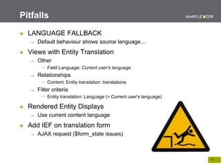 24.
LANGUAGE FALLBACK
 Default behaviour shows source language…
Views with Entity Translation
 Other
Field Language: Current user's language
 Relationships
Content: Entity translation: translations
 Filter criteria
Entity translation: Language (= Current user's language)
Rendered Entity Displays
 Use current content language
Add IEF on translation form
 AJAX request ($form_state issues)
Pitfalls
 