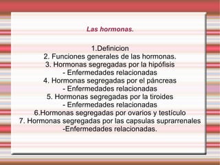 Las hormonas.

                     1.Definicion
       2. Funciones generales de las hormonas.
       3. Hormonas segregadas por la hipófisis
             - Enfermedades relacionadas
       4. Hormonas segregadas por el páncreas
             - Enfermedades relacionadas
        5. Hormonas segregadas por la tiroides
             - Enfermedades relacionadas
    6.Hormonas segregadas por ovarios y testículo
7. Hormonas segregadas por las capsulas suprarrenales
             -Enfermedades relacionadas.
 