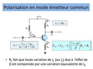Polarisation en mode émetteur commun














 

 C
E
C
CC
CE R
R
I
V
V
b
b
1
• RE fait que toute variation de IE (ou IC) due à l’effet de
b est compensée par une variation équivalente de IB
 
