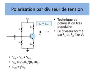 Polarisation par diviseur de tension
• Technique de
polarisation très
pupulaire
• Le diviseur formé
parR1 et R2 fixe VB
• VB = VE + VBE
• VB  VCCR2/(R1+R2)
• RIN  bRE
 