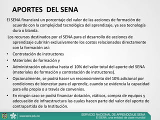 APORTES DEL SENA
El SENA financiará un porcentaje del valor de las acciones de formación de
    acuerdo con la complejidad tecnológica del aprendizaje, ya sea tecnología
    dura o blanda.
 Los recursos destinados por el SENA para el desarrollo de acciones de
    aprendizaje cubrirán exclusivamente los costos relacionados directamente
    con la formación así:
• Contratación de instructores
• Materiales de formación y
• Administración educativa hasta el 10% del valor total del aporte del SENA
    (materiales de formación y contratación de instructores).
• Opcionalmente, se podrá hacer un reconocimiento del 10% adicional por
    condiciones de bienestar para el aprendiz, cuando se evidencia la capacidad
    para ello propia o a través de convenios.
• En ningún caso se podrá financiar dotación, viáticos, compra de equipos y
    adecuación de infraestructura las cuales hacen parte del valor del aporte de
    contrapartida de la Institución.
 